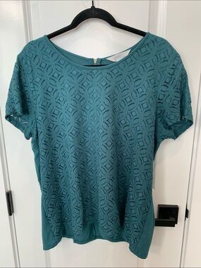 Market & Spruce Teal Geometric Lace Short Sleeve Top